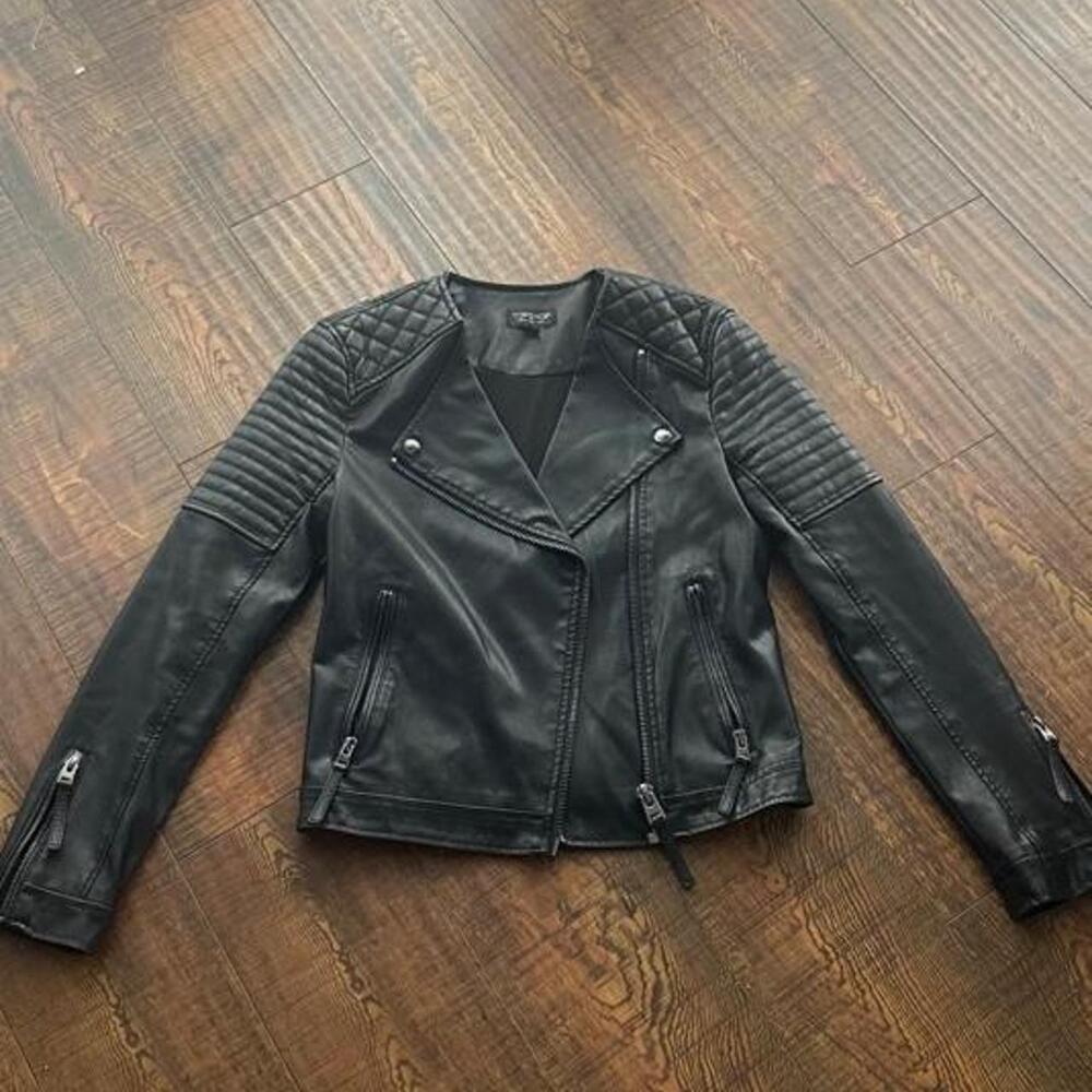 Topshop black faux leather jacket with quilted paneling on shoulders and sleeves